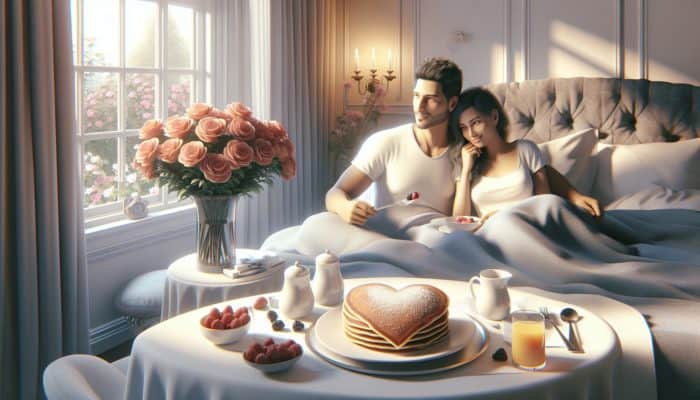 A couple enjoying a romantic breakfast in bed with heart-shaped pancakes and roses.