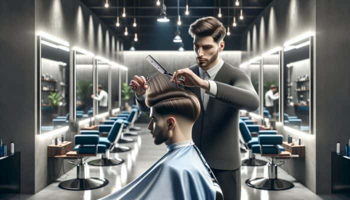 A barber carefully cutting long layers in a man's hair in a contemporary barbershop with mirrors and focused lighting.