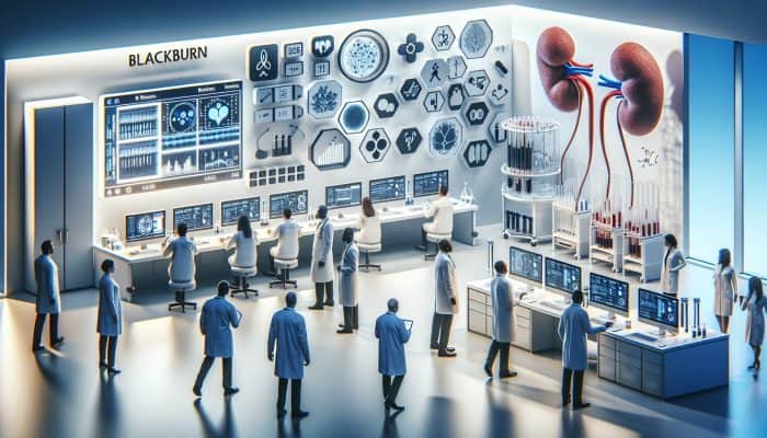 Modern Blackburn lab featuring advanced technology for precise, less invasive kidney blood tests, focusing on biomarker research.
