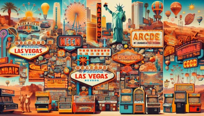 Explore Hidden Gems in Las Vegas: A collage depicting Las Vegas's hidden gems, including the Neon Museum's luminous signs and vintage pinball machines at the Pinball Hall of Fame.