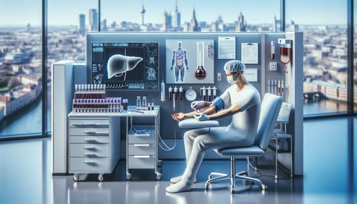 A technician drawing blood in a modern Basingstoke lab, sign for "Liver Blood Tests" visible.