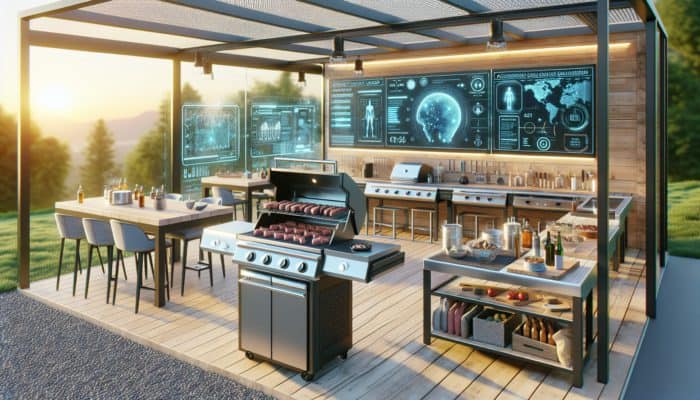 AI-enhanced grills in a futuristic, sustainable outdoor kitchen analysing meat and suggesting flavours.