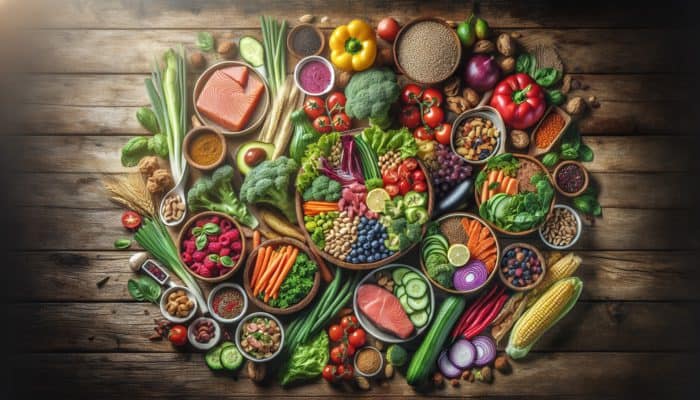 Colorful array of healthy meals under 500 calories on rustic wooden tables.