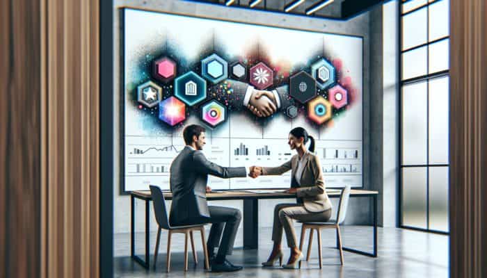 Buyer and seller shaking hands at negotiation table with charts and agent in modern office.