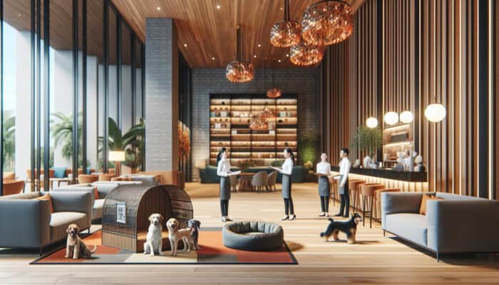 Welcoming hotel lobby featuring a pet-friendly area with a pet spa and dog beds, showcasing staff engaging with guests and their pets.