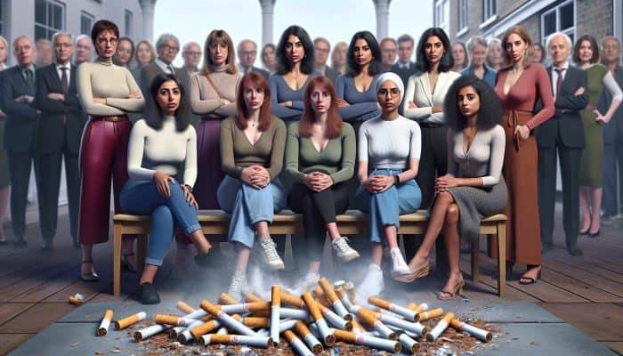 Quitting Smoking for Women: UK women crushing cigarettes, motivated by health, family, and finances, in a supportive group setting.