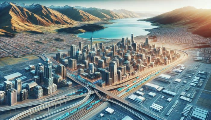 Aerial view of Queenstown showing new infrastructure and upscale properties amidst mountains and tourist areas.