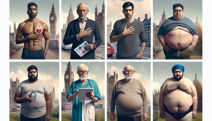 Men’s Health and Intimacy: Collage of five UK men representing heart disease, prostate cancer, diabetes, mental health, and obesity against UK landscapes.
