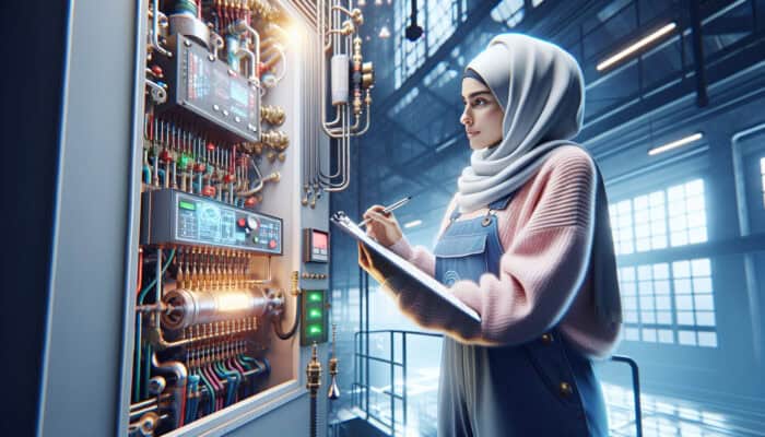 Boiler Services in Mission: A technician inspecting and maintaining a modern boiler system in an industrial setting.