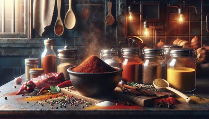 Bowl of homemade BBQ rub on rustic kitchen counter with ingredients and warm lighting.