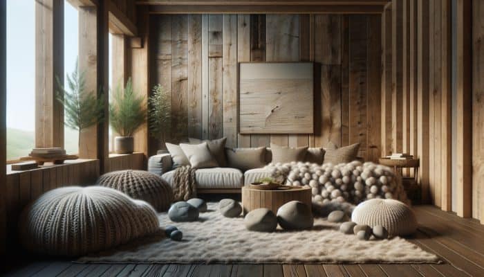 A serene room with natural textures including wooden walls, woolen throws, and river stones, creating warmth and authenticity.