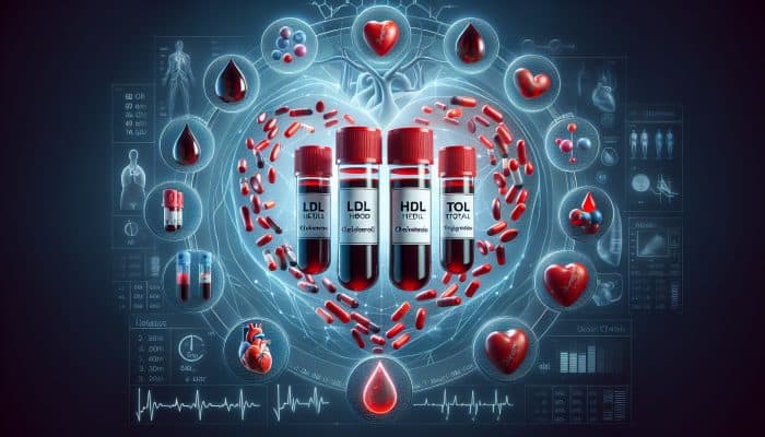 Cholesterol Blood Test in Brighton: Illustration of a cholesterol blood test with labeled vials for LDL, HDL, total cholesterol, and triglycerides, beside a human heart and arteries.