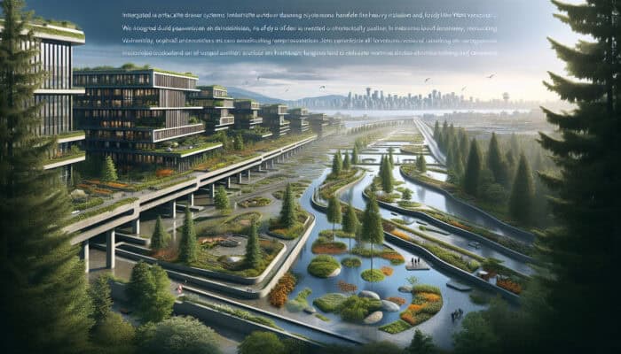 A landscape in West End, Vancouver, with drainage systems managing heavy rainfall, preventing flooding and erosion.