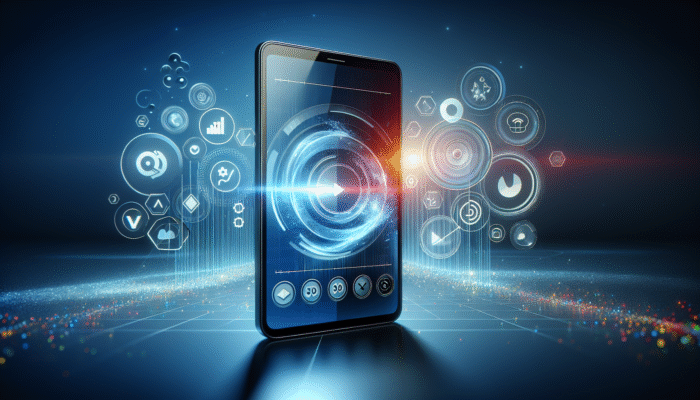 A smartphone screen with a video, surrounded by optimization icons and graphs on a modern background.