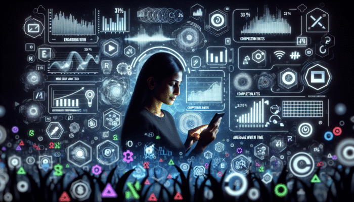 Person analysing mobile video performance on smartphone with graphs showing engagement, completion, and watch time using Google Analytics.