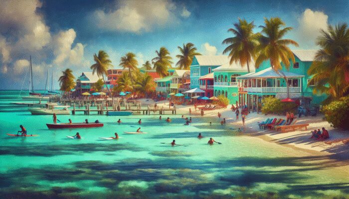 Colourful beachfront buildings and clear turquoise waters of Key Caulker, Belize, with locals enjoying water sports.