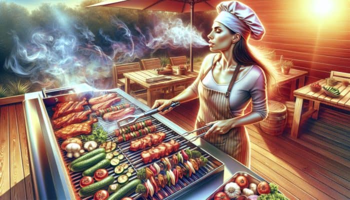 Best Fourth Of July Grilling Ideas: A master chef grilling assorted meats and vegetables using various techniques in a sunny outdoor kitchen.