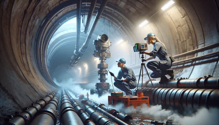 Technician using CCTV camera and acoustic device in sewer, smoke testing reveals air leaks.