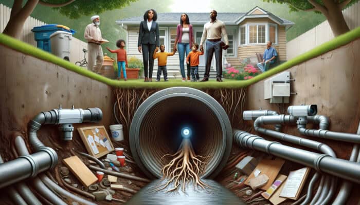 CCTV camera inspecting sewer pipe, uncovering root intrusions, family relieved in background, home safe.