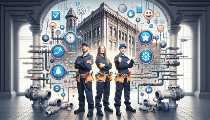 A professional team inspecting a historic building's plumbing in Gastown, with advanced technology and certification logos.