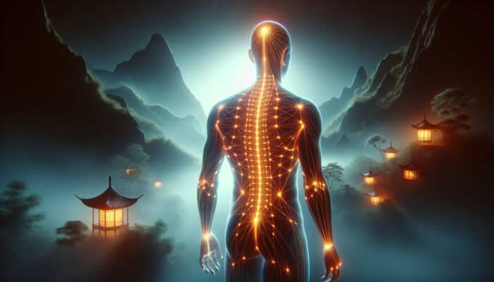 Artistic depiction of the human body with highlighted acupuncture meridians, set against a tranquil Chinese background.