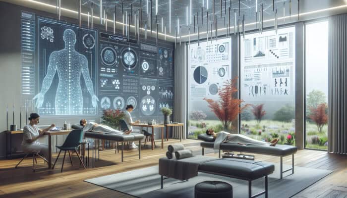 A tranquil clinic room in the UK with patients receiving acupuncture, surrounded by modern technology and natural elements, symbolising holistic health and well-being.