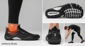 Collage of four images showing black Xero Shoes. Close-ups highlight the sole, back, and side, with a man stretching in them. An orange graphic on one foot emphasizes ankle support for improved posture and potential back pain relief.