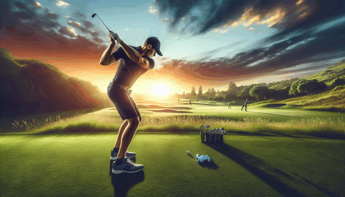 Golf Fitness Tips for Juniors: A junior golfer in South Africa practising on a lush green course at sunset, enhancing golf fitness.