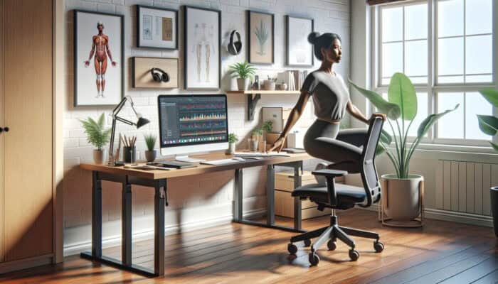 A remote worker performing stretches at a home office desk equipped with ergonomic furniture and a bright workspace.