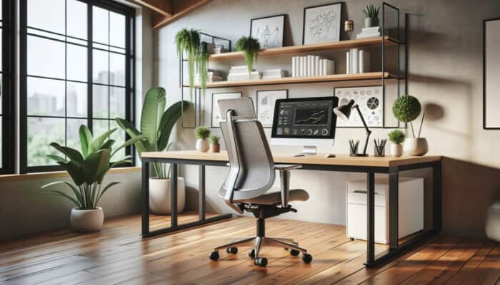 A modern home office setup featuring an adjustable chair, desk, and eye-level monitor, surrounded by plants.