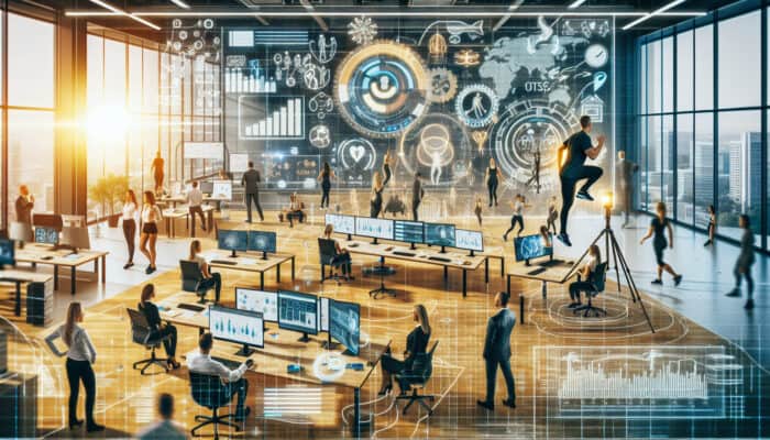 Remote virtual assistants in a modern tech company participating in fitness challenges and wellness check-ins via video calls, showing increased job satisfaction and reduced stress.