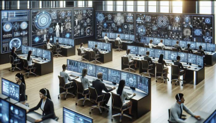 Modern office with staff training on advanced automation systems, interactive screens, and clear communication channels.