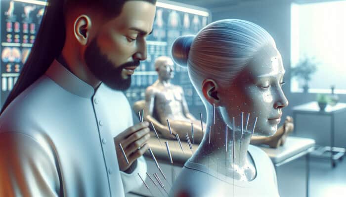 A serene acupuncture session in a modern UK clinic, showing relief from hay fever and eczema.