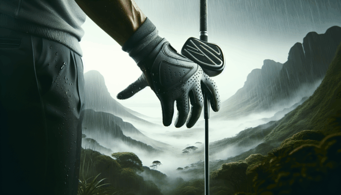 Golfer wearing high-tech golf glove with perforated palms, stretchable material, moisture-wicking technology, and adjustable closures in humid South African landscape.