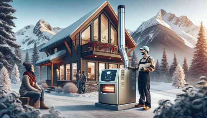 A certified technician servicing a modern furnace in a cosy Whistler home, with snowy mountains in the background.