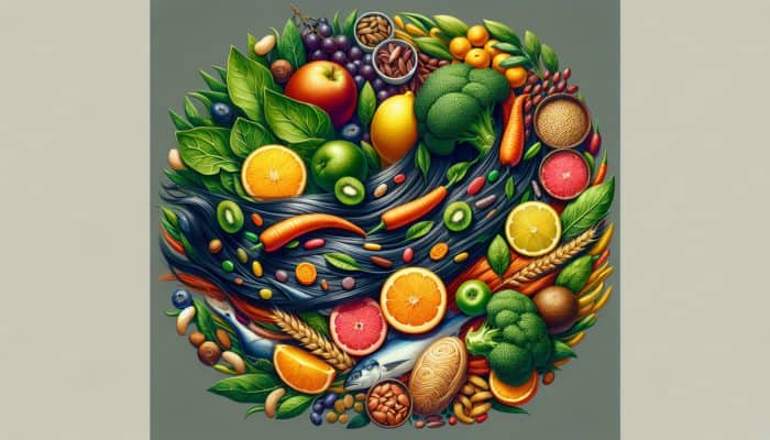 A still life of nutrient-rich foods symbolizing strong, healthy hair strands.