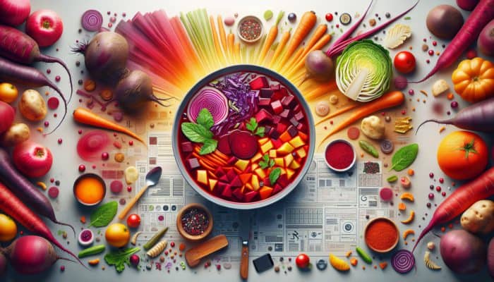 How to Cook a Classic Russian Borscht: A vibrant bowl of traditional Russian borscht with beets, cabbage, and carrots.