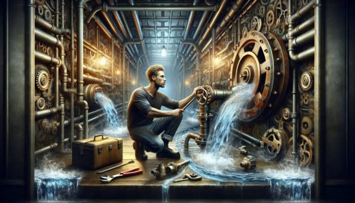 A plumber adjusts a rusted water valve in a dimly lit underground chamber, surrounded by surging water, scattered tools, steam, and gears.