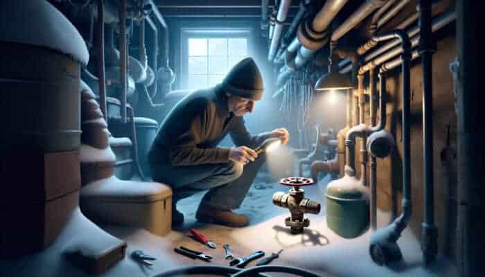 A homeowner in a Canadian basement inspects a weathered water valve for leaks using a flashlight, surrounded by pipes and snow-covered windows.
