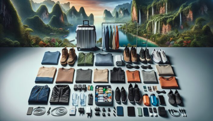 Packing list items including clothing, footwear, toiletries, and travel accessories against jungle and beach scenes.