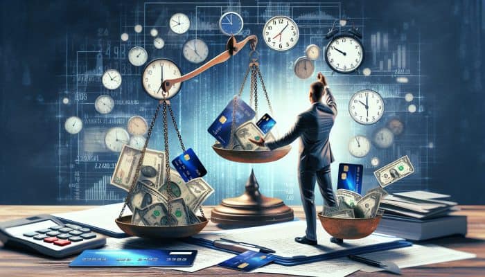 How to Consolidate Debt with a Low Credit Score: UK Guide | DCL A person organising financial documents with clocks and calendars, showing improved creditworthiness through reduced credit card and loan balances.