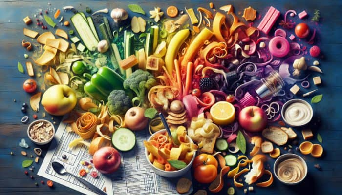 A vibrant kitchen scene displaying food scraps transformed into delectable upcycled dishes.