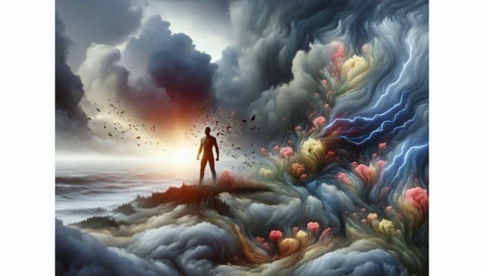 A resilient figure stands tall in a stormy landscape, transforming clouds into blooming flowers, symbolising growth and adaptability at dawn.