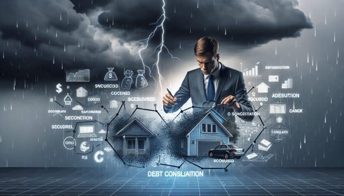Risks of Consolidating Secured Debt: UK Guide | DCL Financial expert analyzing debt consolidation risks chart, secured assets and stormy sky background.