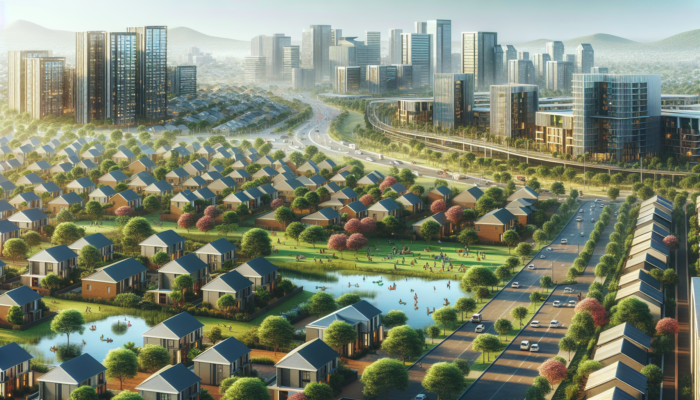 A vibrant aerial view of Midrand's suburbs, showing modern mid-level homes, families in parks, and professionals commuting to offices.