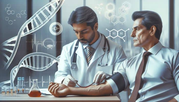 Male Hormone Blood Test in Ashington: Doctor drawing blood from a relaxed middle-aged man's arm in a modern UK clinic, with screens displaying testosterone graphs and hormone molecules.