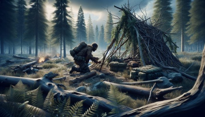 Surviving Without Gear: A survivor builds a shelter with branches and vines, forages for food, and scans for threats in a rugged wilderness.