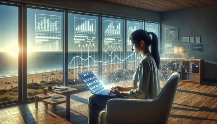 A focused entrepreneur in a cozy Burnham-on-Sea office analyzes ROI data on a laptop, showing Google Analytics graphs and a seaside view.