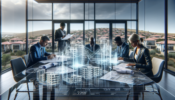 Investors in a modern Vryheid office review property blueprints and market charts, with mid-level homes visible through sunlit windows.