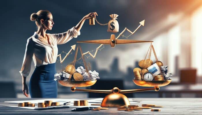 A professional in London balances a golden scale with debt chains on one side and income graphs on the other, symbolising low DTI for loan approval.